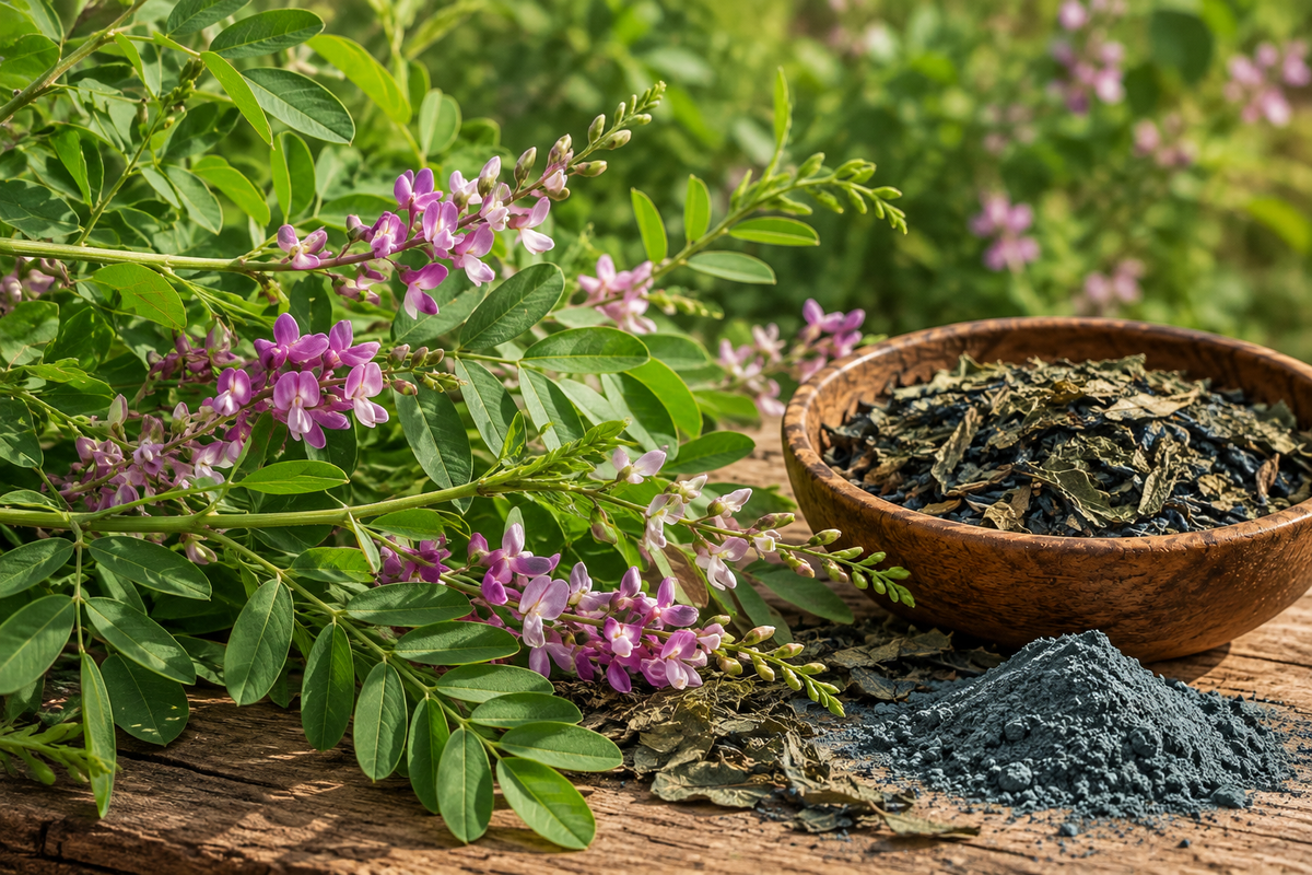 Indigotier en fleurs (Indigofera tinctoria) et poudre de nila bleu, pigment végétal des hammams du Maroc
